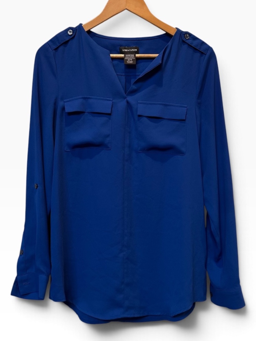 Lord & Taylor Royal Blue Split Neck Utility Blouse Women’s XS Long Sleeve 💙